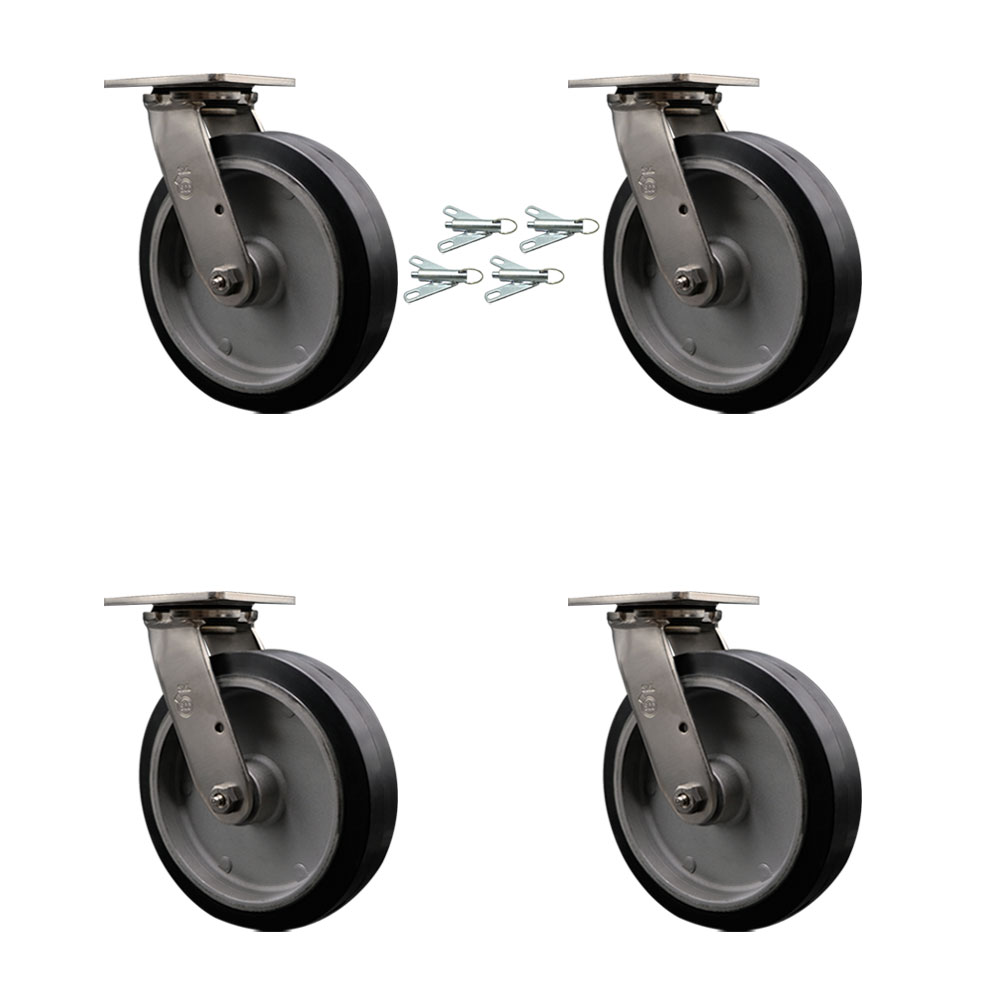 316 Stainless Steel Heavy Duty Swivel Caster Set of 4 with 8 Inch Rubber on Aluminum Wheels and Delrin Bearing-Includes 4 Swivel with Bolt on Swivel Lock-2,400 lbs. Total Capacity-Service Caster Brand — photo 1