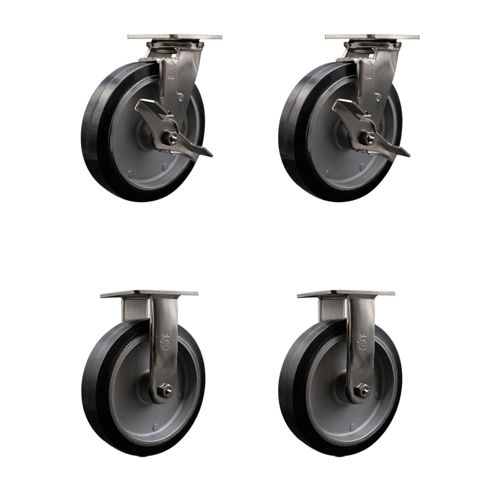 316 Stainless Steel Heavy Duty Swivel Caster Set of 4 with 8 Inch Rubber on Aluminum Wheels - Includes 2 Swivel with Brakes and 2 Rigid - 2,400 lbs. Total Capacity - Service Caster Brand — photo 1