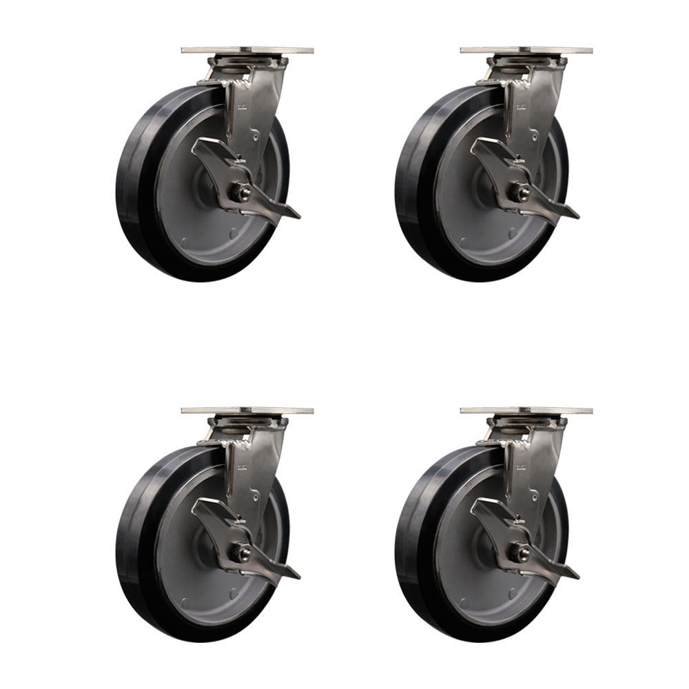 316 Stainless Steel Heavy Duty Swivel Caster Set of 4 with 8 Inch Rubber on Aluminum Wheels and Ball Bearings - Includes 4 Swivel with Top Lock Brakes - 2,400 lbs. Total Capacity- Service Caster Brand — photo 1