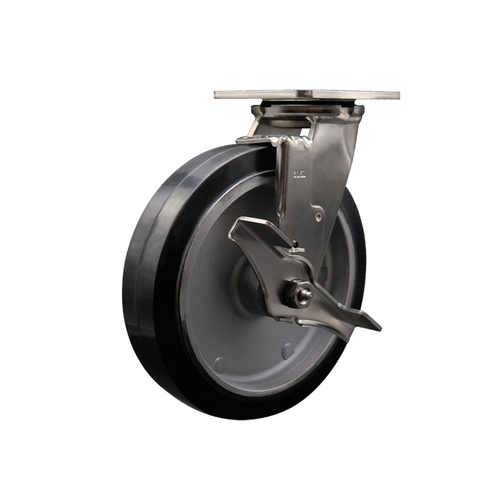 316 Stainless Steel Heavy Duty Swivel Top Plate Caster with Top Lock Brake and 8 Inch Rubber on Aluminum Wheel with Delrin Bearings - 600 lbs. Capacity/Caster - Service Caster Brand — photo 1