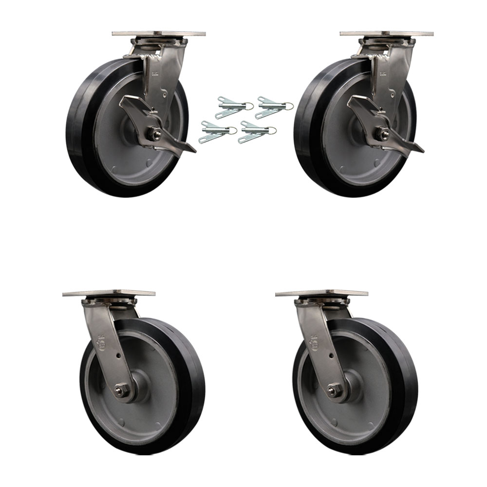 316 Stainless Heavy Duty Swivel Caster Set with 8 Inch Rubber on Aluminum Wheels and Delrin Bearing-Include 2 Swivel w/Brake&Bolt on Swivel Lock and 2 Swivel w/Bolt on Swivel Lock-Service Caster Brand — photo 1