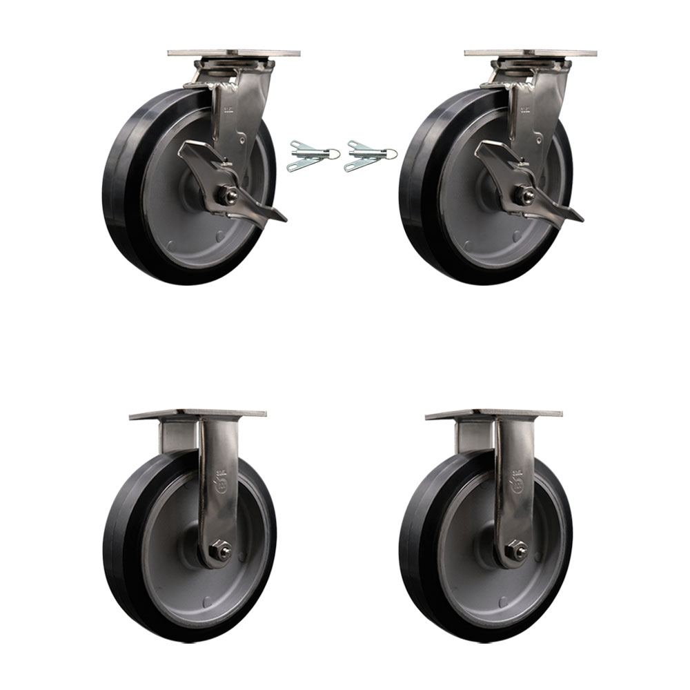 316 Stainless Steel Heavy Duty Swivel Caster Set with 8 Inch Rubber on Aluminum Wheels-Includes 2 Swivel with Brakes and Bolt on Swivel Locks and 2 Rigid-2,400 lbs. Total Capacity-Service Caster Brand — photo 1