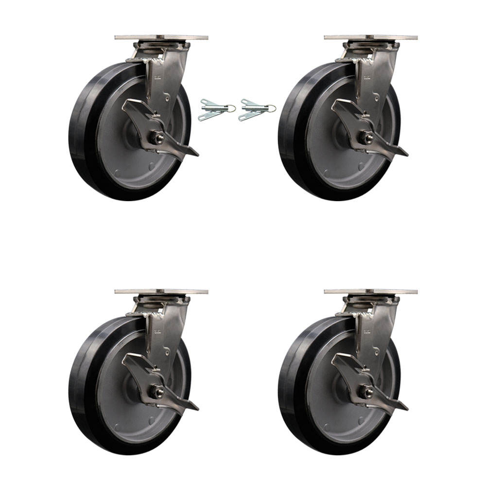 316 Stainless Steel Heavy Duty Swivel Caster Set with 8 Inch Rubber on Aluminum Wheels and Ball Bearing - Includes 2 Swivel w/Brake and Bolt on Swivel Lock and 2 Swivel w/Brakes - Service Caster Brand — photo 1