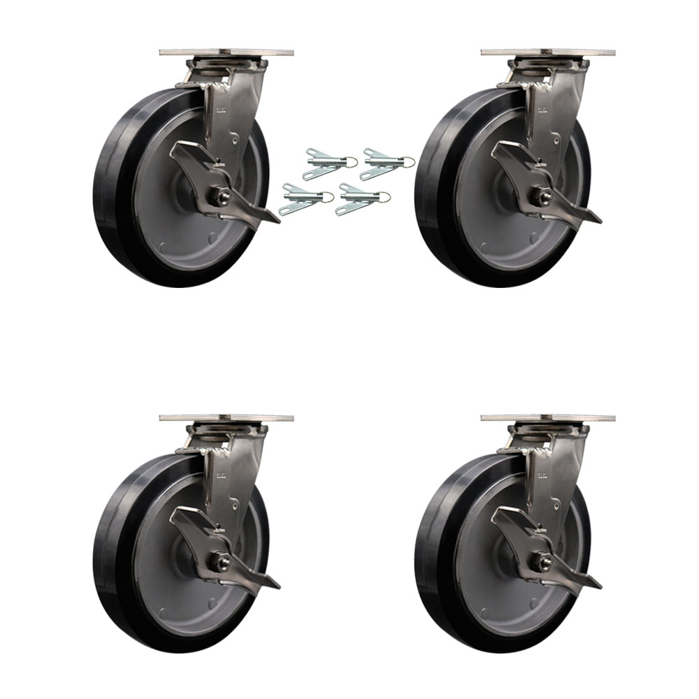 316 Stainless Steel Heavy Duty Swivel Caster Set of 4 with 8 Inch Rubber on Aluminum Wheels and Ball Bearings - Includes 4 Swivel with Top Lock Brakes and Bolt on Swivel Locks - Service Caster Brand — photo 1