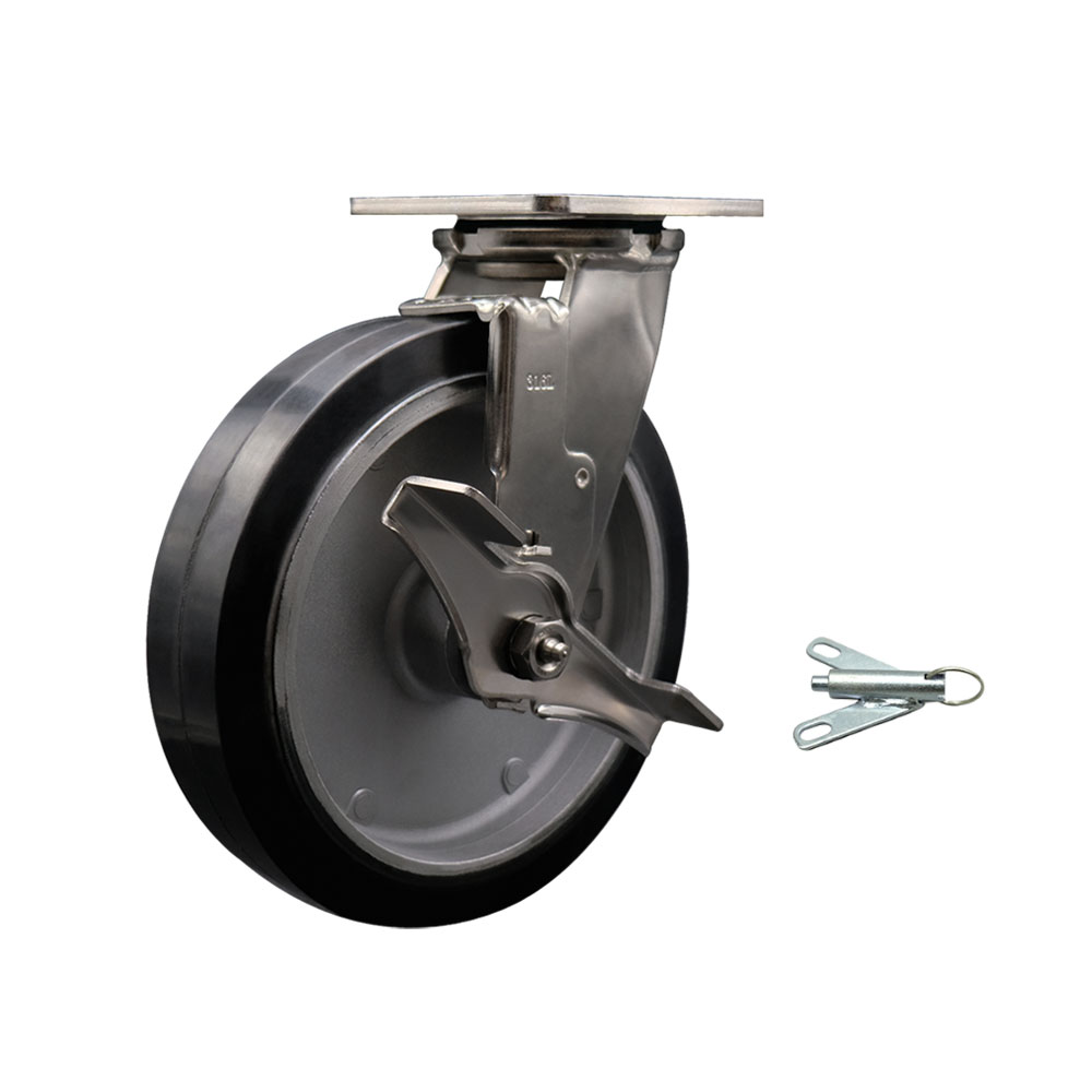 316 Stainless Steel Heavy Duty Swivel Top Plate Caster with Top Lock Brake and Bolt on Swivel Lock and 8 Inch Rubber on Aluminum Wheel - 600 lbs. Capacity/Caster - Service Caster Brand — photo 1