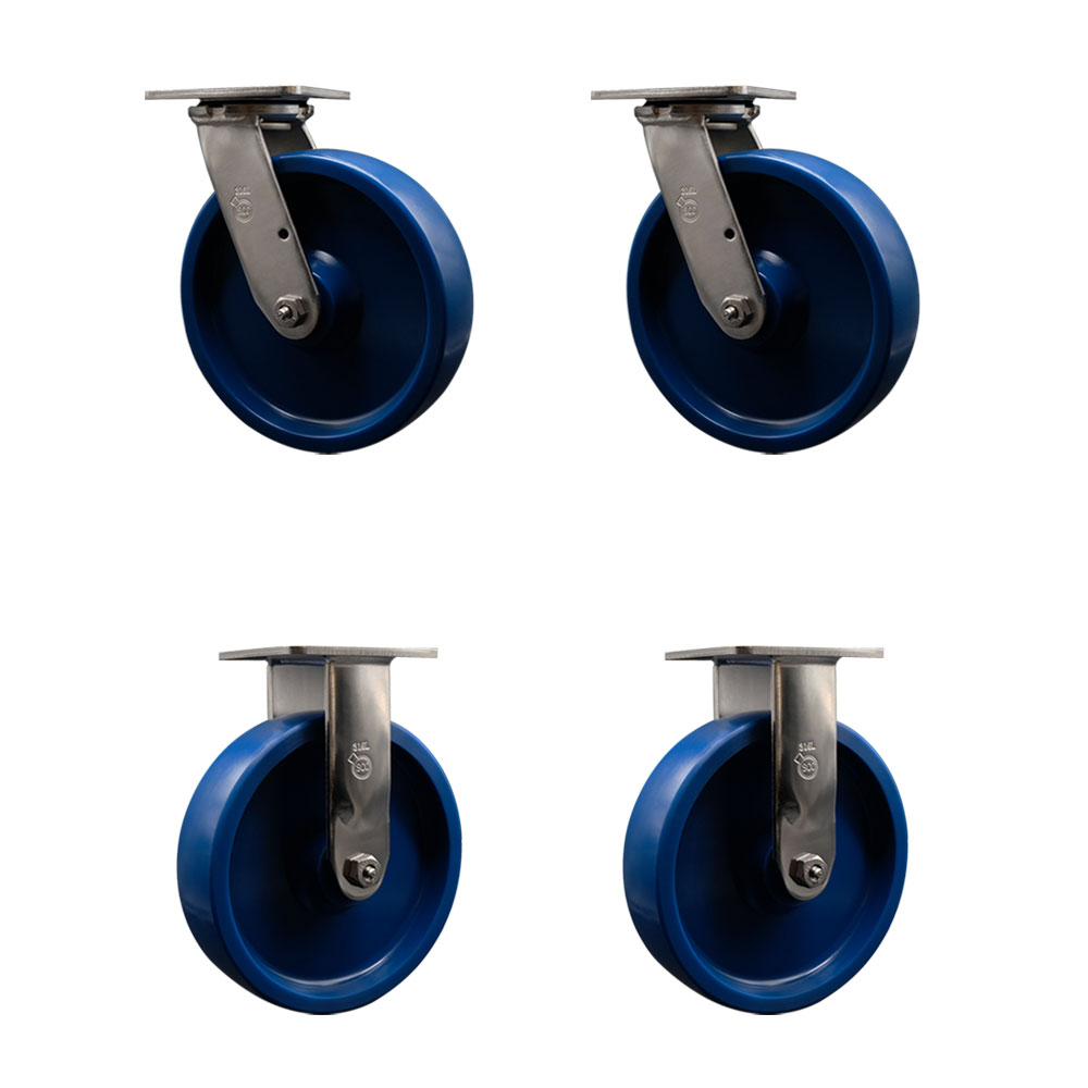 316 Stainless Steel Heavy Duty Swivel Caster Set of 4 with 8 Inch Solid Polyurethane Wheels and Delrin Bearings - Includes 2 Swivel and 2 Rigid - 4,800 lbs. Total Capacity - Service Caster Brand — photo 1