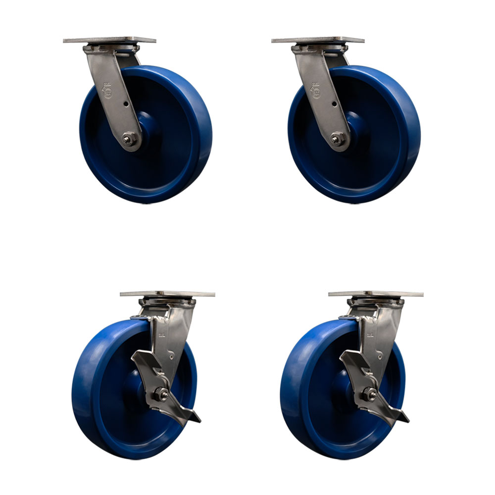 316 Stainless Steel Heavy Duty Swivel Caster Set of 4 with 8 Inch Solid Polyurethane Wheels and Delrin Bearings-Includes 2 Swivel with Brakes and 2 Swivel-4,800lbs. Total Capacity-Service Caster Brand — photo 1