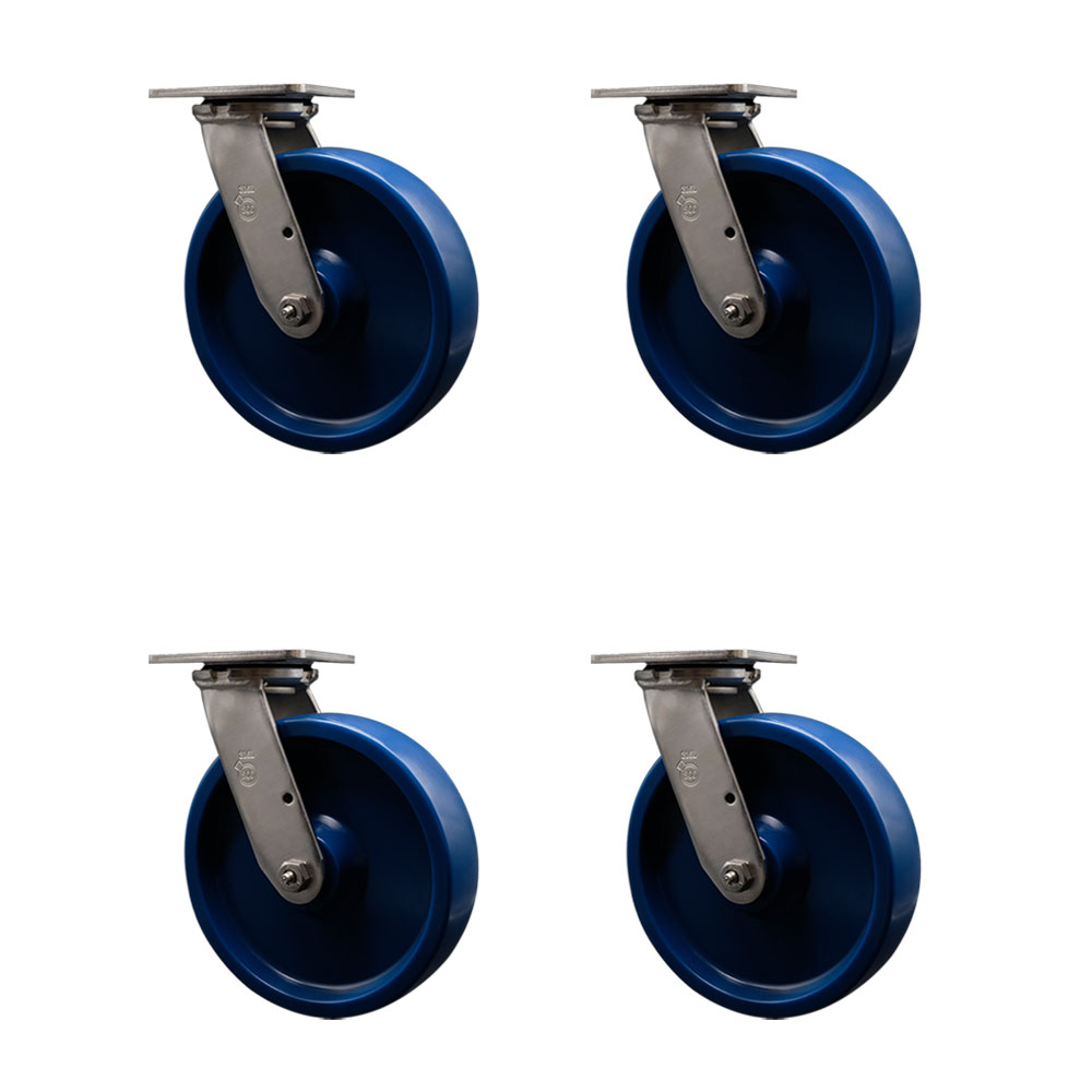316 Stainless Steel Heavy Duty Swivel Caster Set of 4 with 8 Inch Solid Polyurethane Wheels and Ball Bearings - Includes 4 Swivel - 4,800 lbs. Total Capacity - Service Caster Brand — photo 1