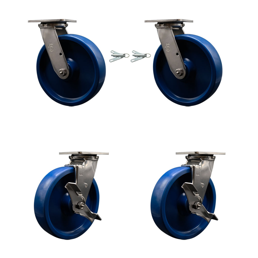 316 Stainless Steel Heavy Duty Swivel Caster Set with 8 Inch Solid Polyurethane Wheels-Includes 2 Swivel with Bolt on Swivel Lock and 2 Swivel with Brake-4,800 lbs. Total Capacity-Service Caster Brand — photo 1