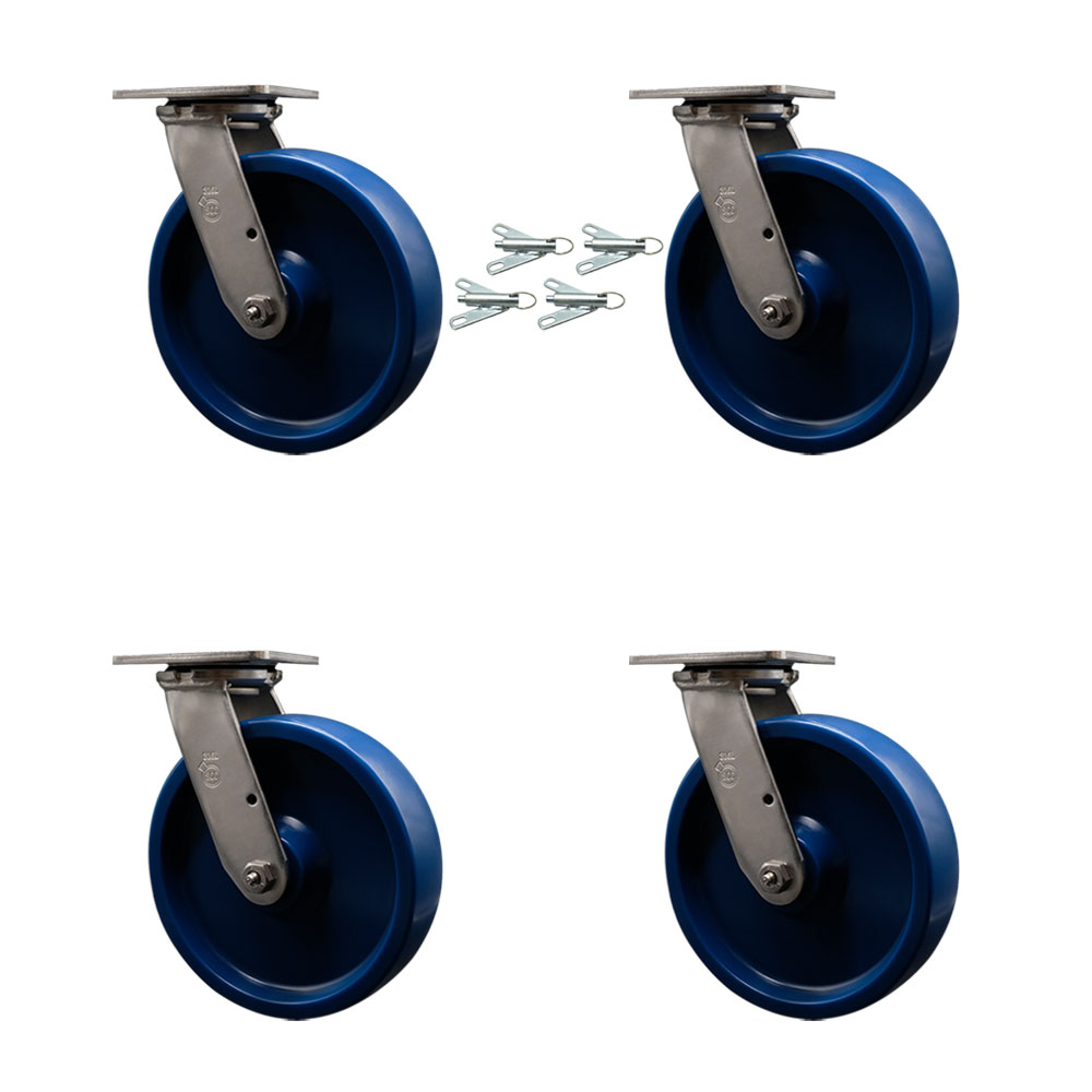 316 Stainless Steel Heavy Duty Swivel Caster Set of 4 with 8 Inch Solid Poly Wheels - Includes 4 Swivel with Bolt on Swivel Locks - 4,800 lbs. Total Capacity - Service Caster Brand — photo 1