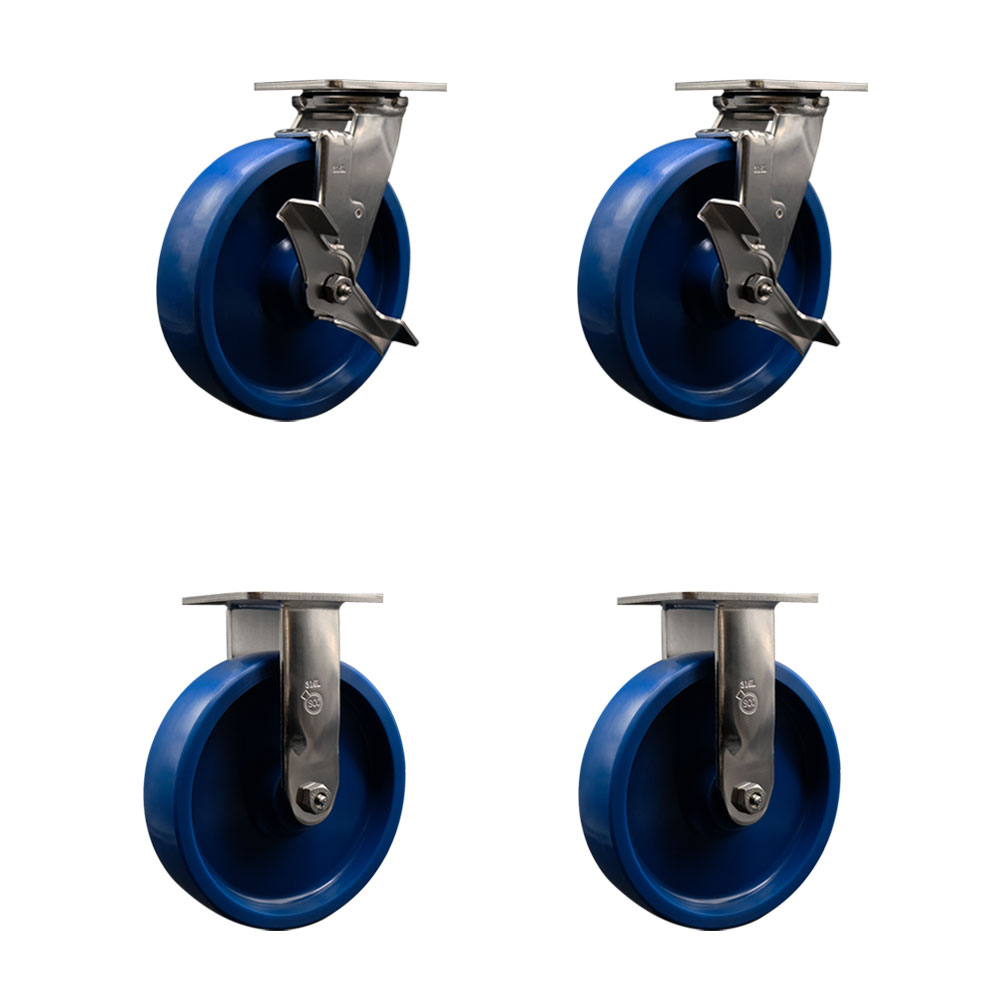 316 Stainless Steel Heavy Duty Swivel Caster Set of 4 with 8 Inch Solid Polyurethane Wheels - Includes 2 Swivel with Brakes and 2 Rigid - 4,800 lbs. Total Capacity - Service Caster Brand — photo 1