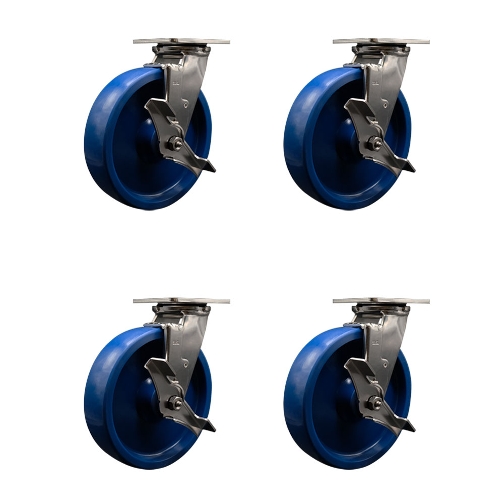 316 Stainless Steel Heavy Duty Swivel Caster Set of 4 with 8 Inch Solid Polyurethane Wheels - Includes 4 Swivel with Top Lock Brakes - 4,800 lbs. Total Capacity - Service Caster Brand — photo 1