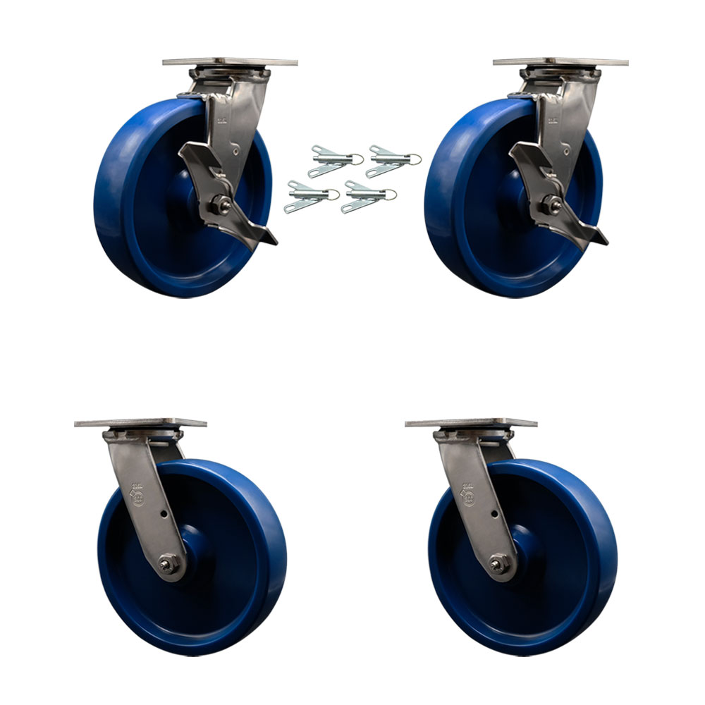 316 Stainless Heavy Duty Swivel Caster Set with 8 Inch Solid Poly Wheels and Delrin Bearings - Includes 2 Swivel w/Brakes&Bolt on Swivel Lock and 2 Swivel w/Bolt on Swivel Locks - Service Caster Brand — photo 1