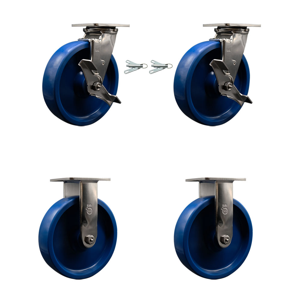 316 Stainless Steel Heavy Duty Swivel Caster Set with 8 Inch Solid Polyurethane Wheels and Ball Bearings - Includes 2 Swivel with Brakes and Bolt on Swivel Locks and 2 Rigid - Service Caster Brand — photo 1