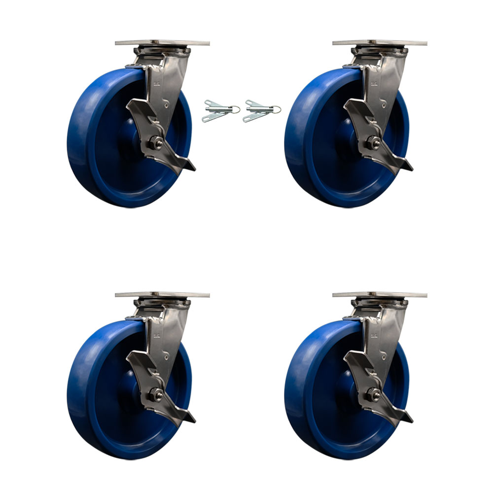 316 Stainless Steel Heavy Duty Swivel Caster Set with 8 Inch Solid Polyurethane Wheels and Delrin Bearings-Includes 2 Swivel w/Brakes and Bolt on Swivel Locks and 2 Swivel w/Brake-Service Caster Brand — photo 1
