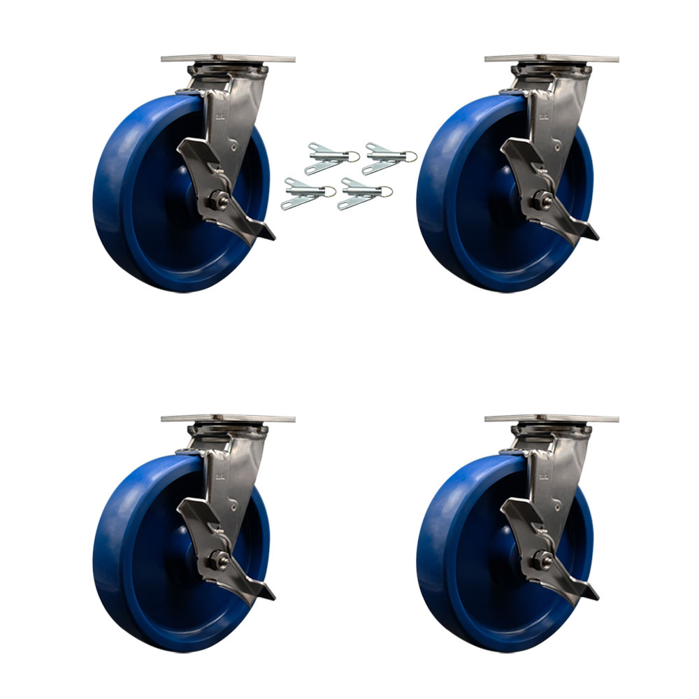 316 Stainless Steel Heavy Duty Swivel Caster Set of 4 with 8 Inch Solid Polyurethane Wheels and Delrin Bearings - Includes 4 Swivel with Top Lock Brakes and Bolt on Swivel Locks - Service Caster Brand — photo 1