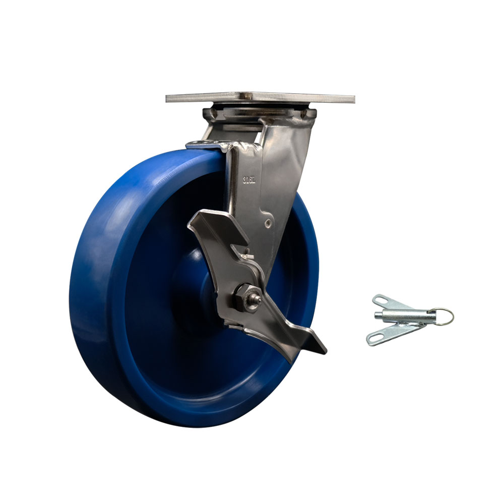 316 Stainless Steel Heavy Duty Swivel Top Plate Caster with Top Lock Brake and Bolt on Swivel Lock and 8 Inch Solid Poly Wheel with Delrin Bearings - 1,200 lbs. Capacity/Caster - Service Caster Brand — photo 1