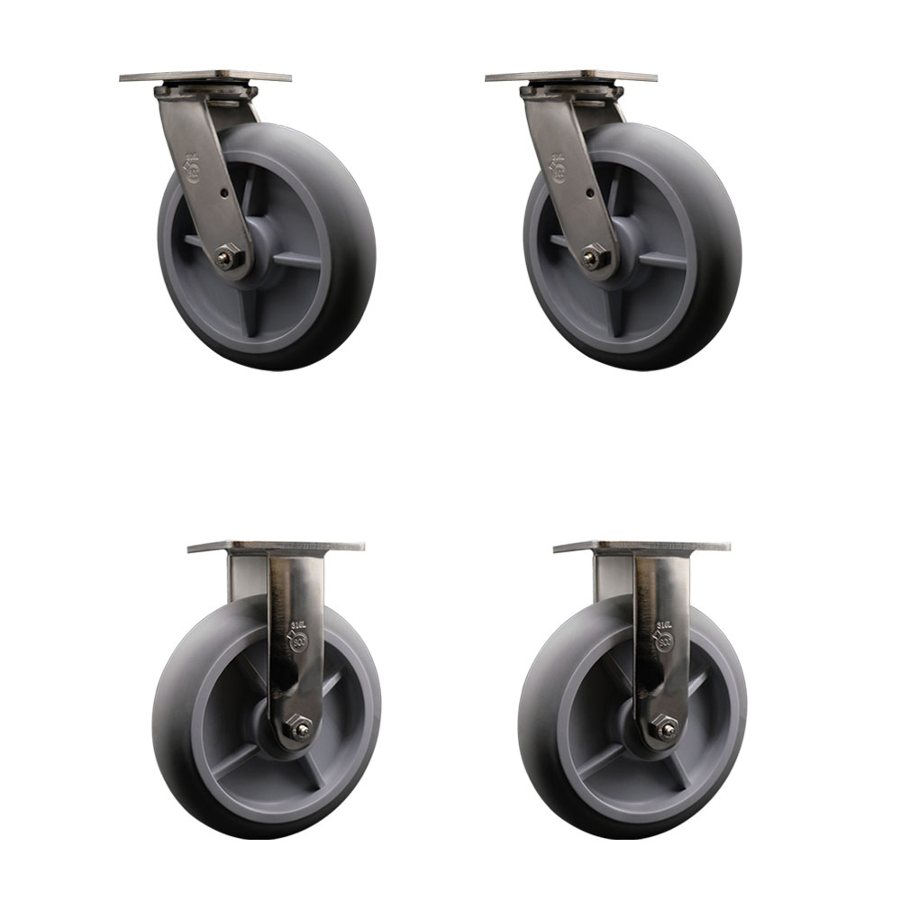316 Stainless Steel Heavy Duty Swivel Caster Set of 4 with 8 Inch Thermoplastic Rubber Donut Tread Wheel and Delrin Bearing-Includes 2 Swivel and 2 Rigid-2,400 lbs. Total Capacity-Service Caster Brand — photo 1