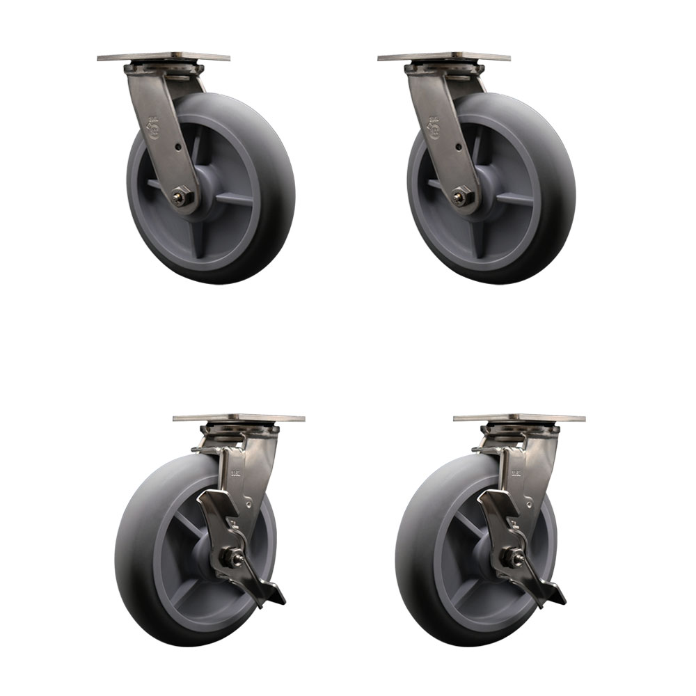 316 Stainless Steel Heavy Duty Swivel Caster Set of 4 with 8 Inch Thermoplastic Rubber Donut Tread Wheels and Delrin Bearings - Includes 2 Swivel with Brakes and 2 Swivel - Service Caster Brand — photo 1