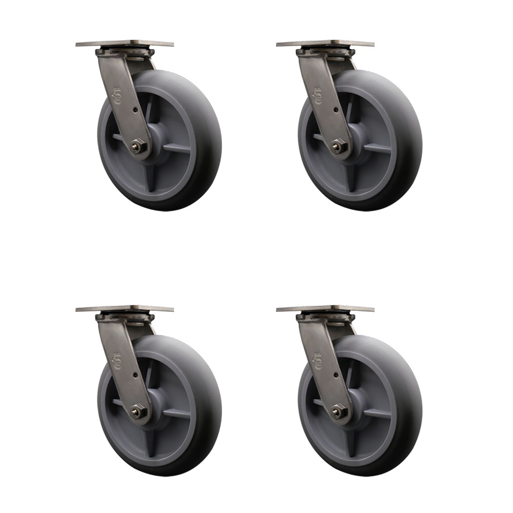 316 Stainless Steel Heavy Duty Swivel Caster Set of 4 with 8 Inch Thermoplastic Rubber Donut Tread Wheels and Ball Bearings - Includes 4 Swivel - 2,400 lbs. Total Capacity - Service Caster Brand — photo 1