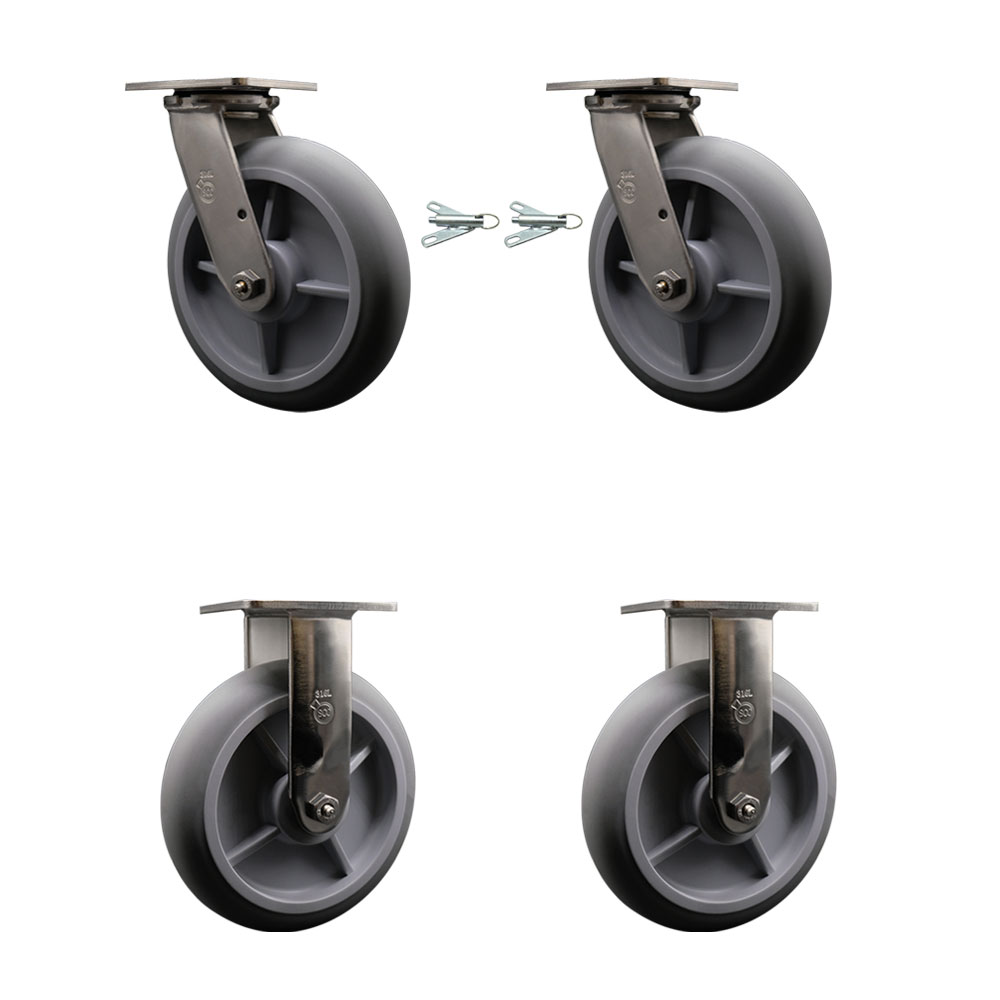 316 Stainless Steel Heavy Duty Swivel Caster Set of 4 with 8 Inch Thermoplastic Rubber Donut Tread Wheels and Ball Bearings-Includes 2 Swivel with Bolt on Swivel Locks and 2 Rigid-Service Caster Brand — photo 1