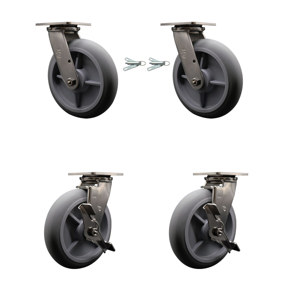 316 Stainless Steel Heavy Duty Swivel Caster Set with 8 Inch Thermoplastic Rubber Donut Tread Wheels and Delrin Bearing-Include 2 Swivel w/Bolt on Swivel Lock and 2 Swivel w/Brake-Service Caster Brand — photo 1