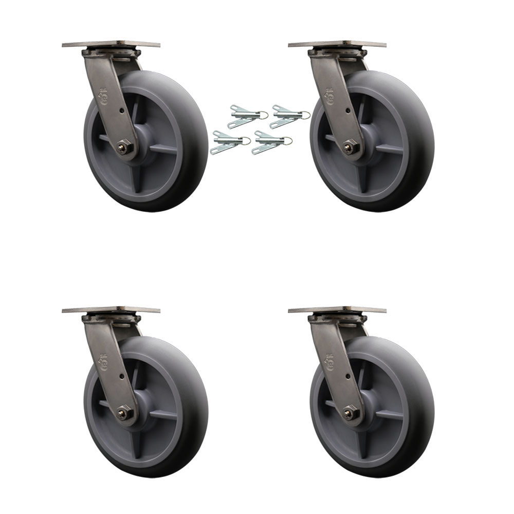 316 Stainless Steel Heavy Duty Swivel Caster Set of 4 with 8 Inch Thermoplastic Rubber Donut Tread Wheels and Delrin Bearings - Includes 4 Swivel with Bolt on Swivel Locks - Service Caster Brand — photo 1
