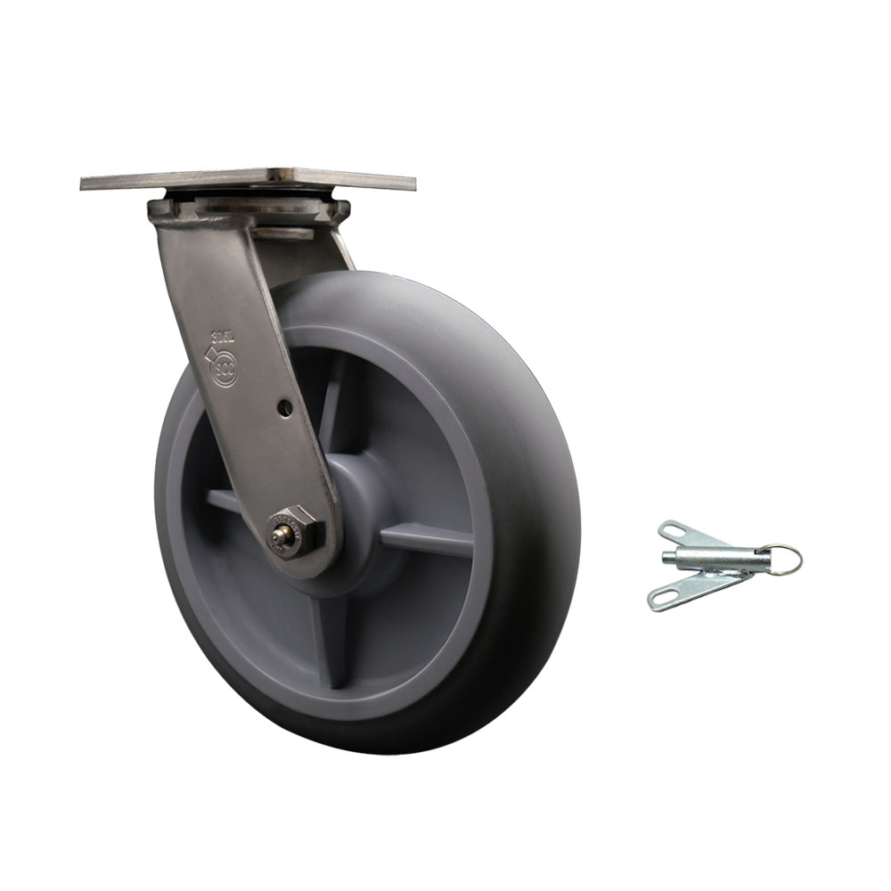 316 Stainless Steel Heavy Duty Swivel Top Plate Caster with Bolt on Swivel Lock and 8 Inch Thermoplastic Rubber Donut Tread Wheel with Ball Bearings - 600 lbs. Capacity/Caster - Service Caster Brand — photo 1