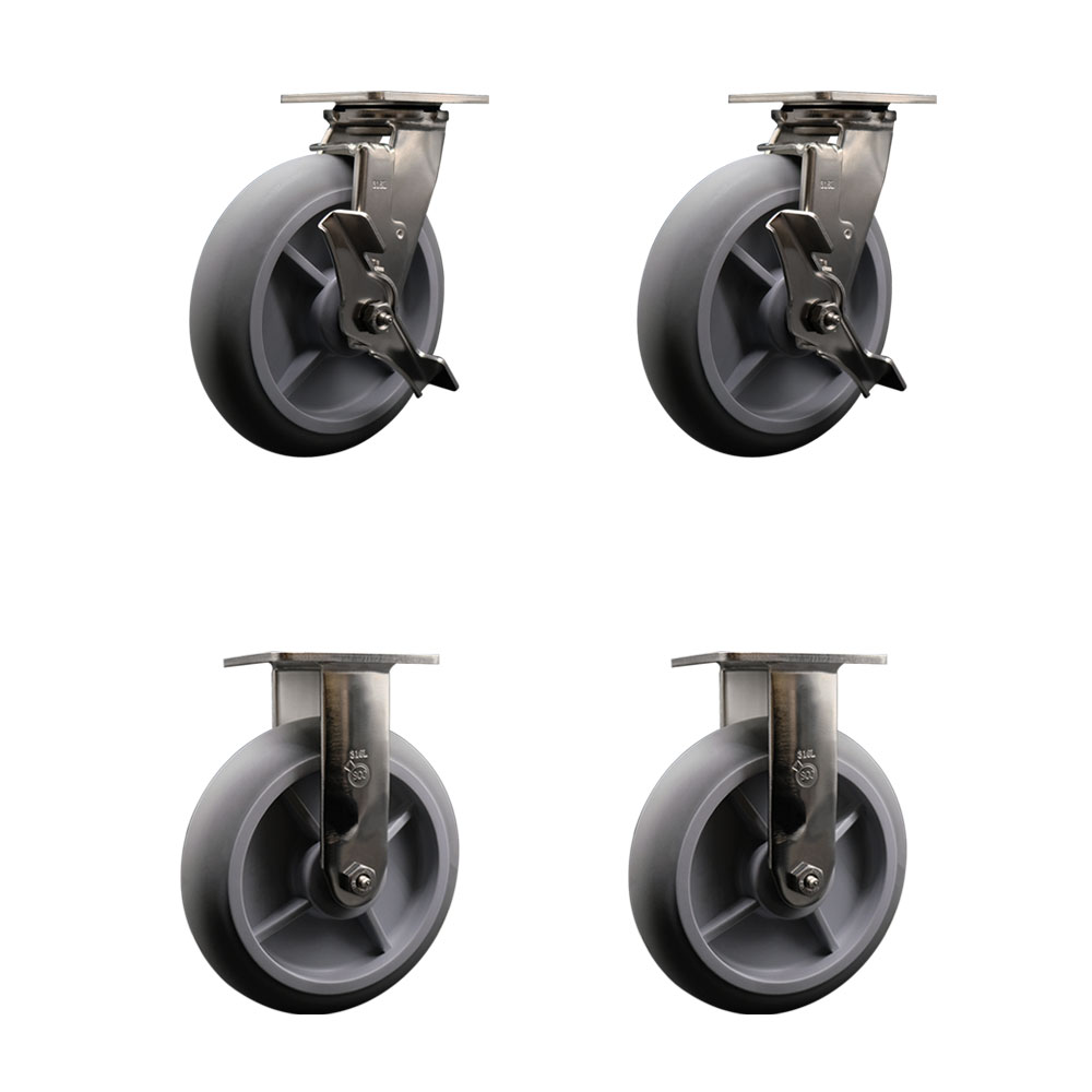 316 Stainless Steel Heavy Duty Swivel Caster Set of 4 with 8 Inch Thermoplastic Rubber Donut Tread Wheels - Includes 2 Swivel with Brakes and 2 Rigid - 2,400 lbs. Total Capacity - Service Caster Brand — photo 1