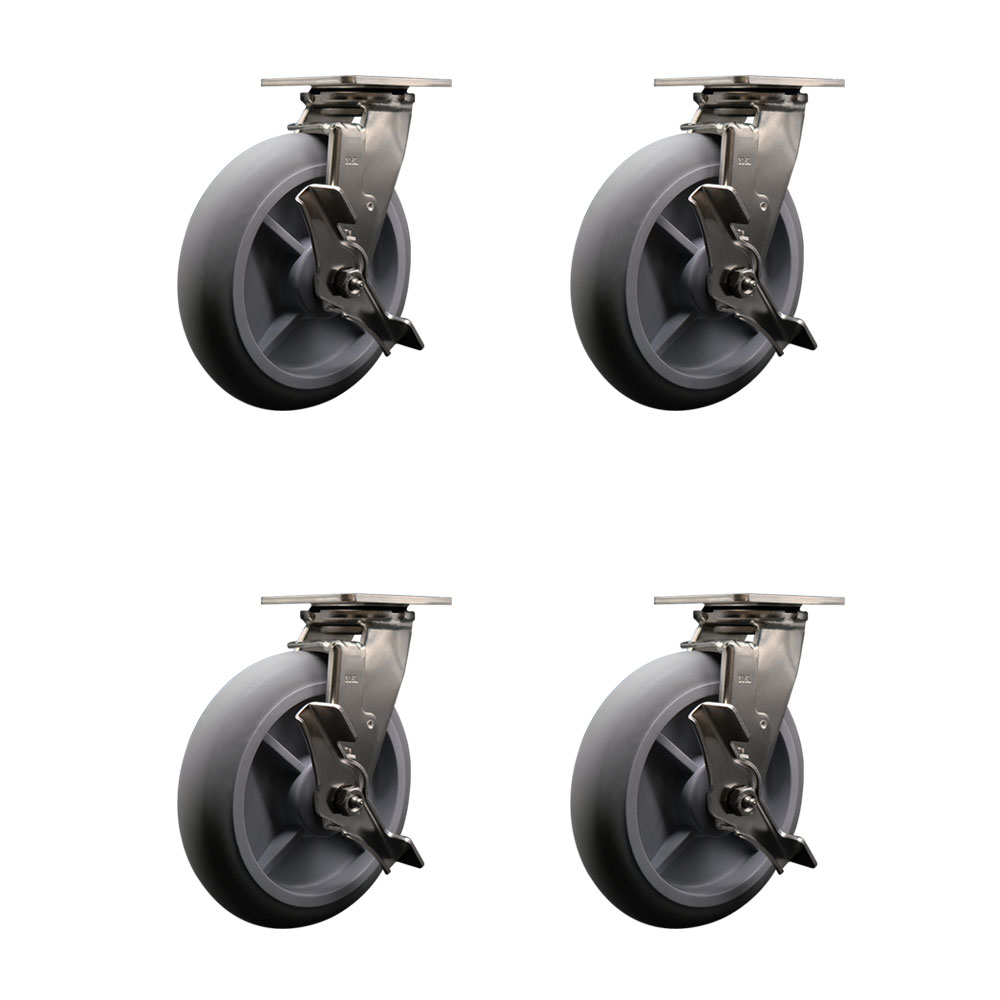 316 Stainless Steel Heavy Duty Swivel Caster Set of 4 with 8 Inch Thermoplastic Rubber Donut Tread Wheels and Ball Bearings - Includes 4 Swivel with Top Lock Brakes - Service Caster Brand — photo 1