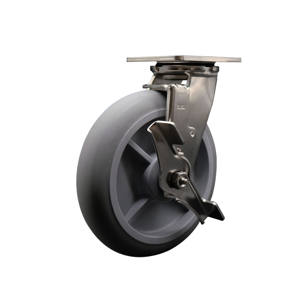 316 Stainless Steel Heavy Duty Swivel Top Plate Caster with Top Lock Brake and 8 Inch Thermoplastic Rubber Donut Tread Wheel with Delrin Bearings - 600 lbs. Capacity/Caster - Service Caster Brand — photo 1