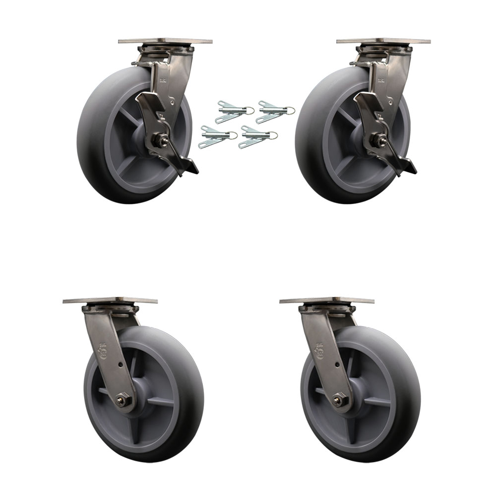 316 Stainless Heavy Duty Swivel Caster Set with 8 Inch Thermoplastic Rubber Donut Tread Wheels - Includes 2 Swivel with Brakes and Swivel Locks and 2 Swivel with Swivel Locks - Service Caster Brand — photo 1