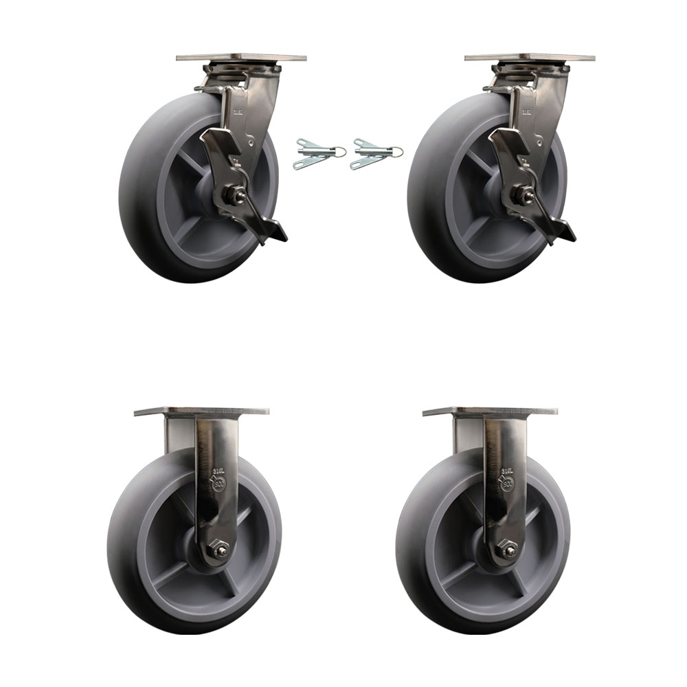 316 Stainless Steel Heavy Duty Swivel Caster Set with 8 Inch Thermoplastic Rubber Donut Tread Wheels - Includes 2 Swivel with Brakes and Bolt on Swivel Locks and 2 Rigid - Service Caster Brand — photo 1