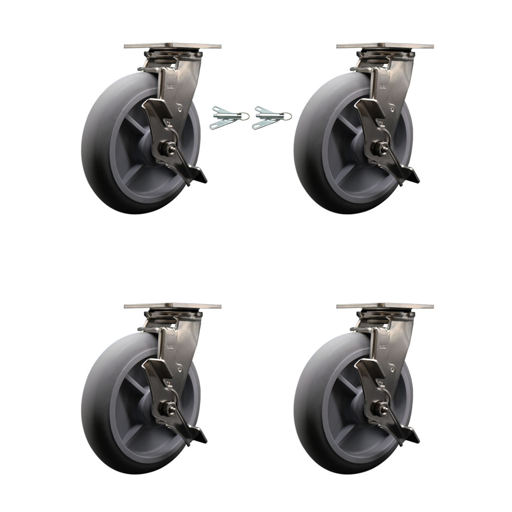 316 Stainless Steel Heavy Duty Swivel Caster Set with 8 Inch Thermoplastic Rubber Donut Tread Wheels and Ball Bearing-Include 2 Swivel w/Brake and Swivel Lock and 2 Swivel w/Brake-Service Caster Brand — photo 1