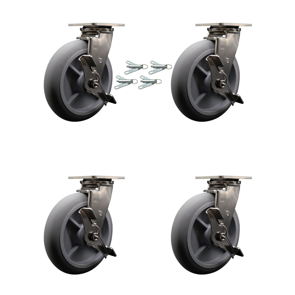 316 Stainless Steel Heavy Duty Swivel Caster Set of 4 with 8 Inch Thermoplastic Rubber Donut Tread Wheels and Delrin Bearings - Includes 4 Swivel w/Brakes and Bolt on Swivel Locks-Service Caster Brand — photo 1
