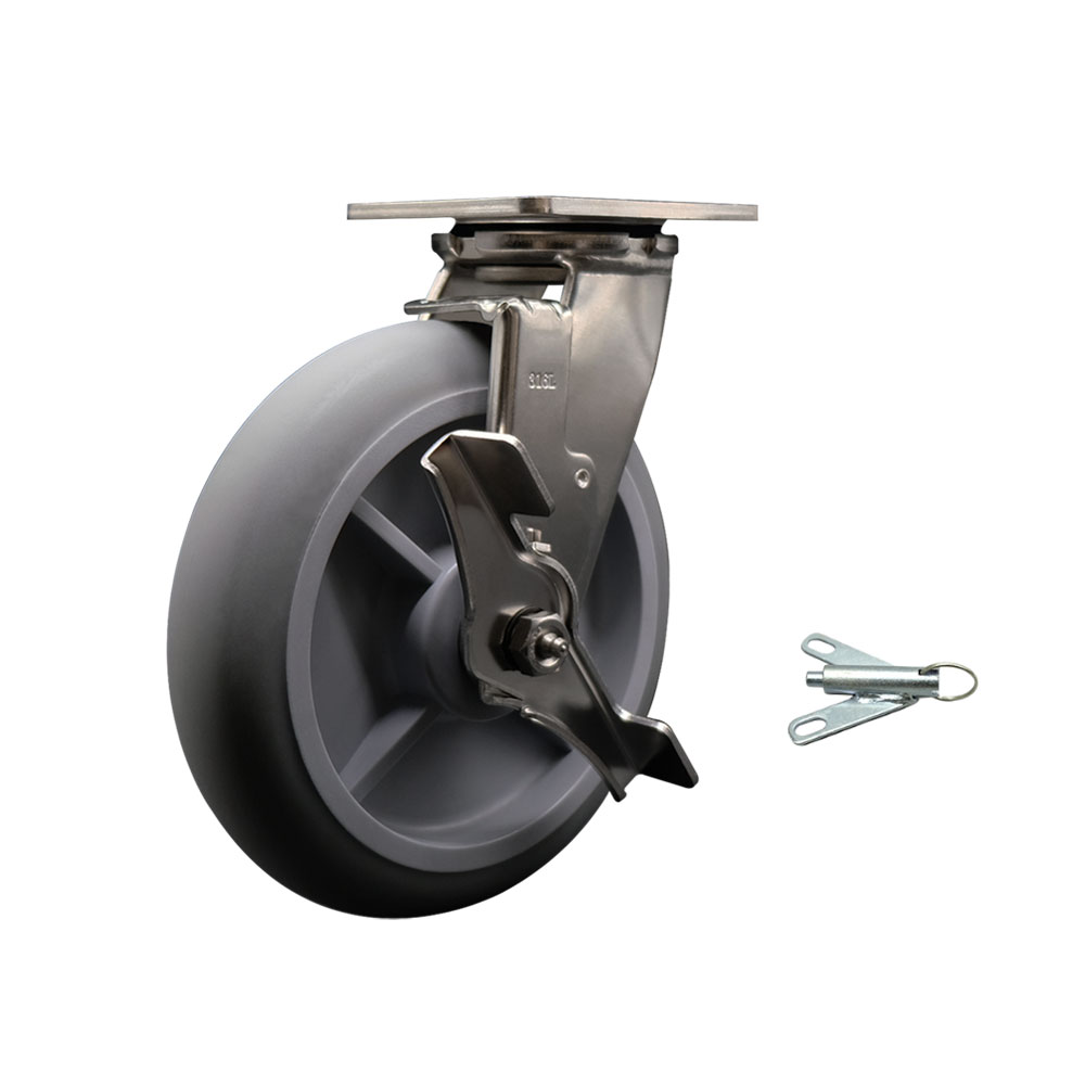 316 Stainless Steel Heavy Duty Swivel Top Plate Caster with Top Lock Brake and Bolt on Swivel Lock and 8 Inch Thermoplastic Rubber Donut Tread Wheel with Ball Bearings - Service Caster Brand — photo 1