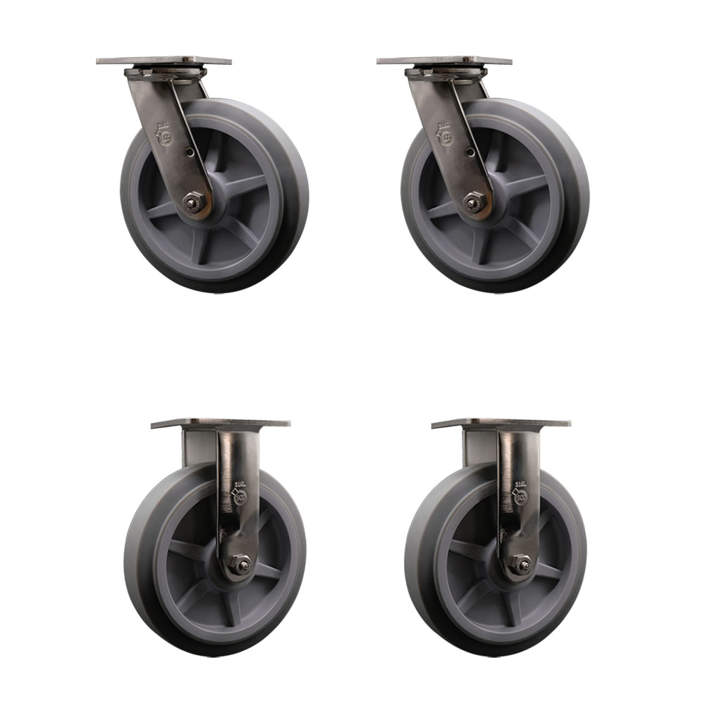 316 Stainless Steel Heavy Duty Swivel Caster Set of 4 with 8 Inch Thermoplastic Rubber Flat Tread Wheel - Includes 2 Swivel and 2 Rigid - 2,400 lbs. Total Capacity - Service Caster Brand — photo 1