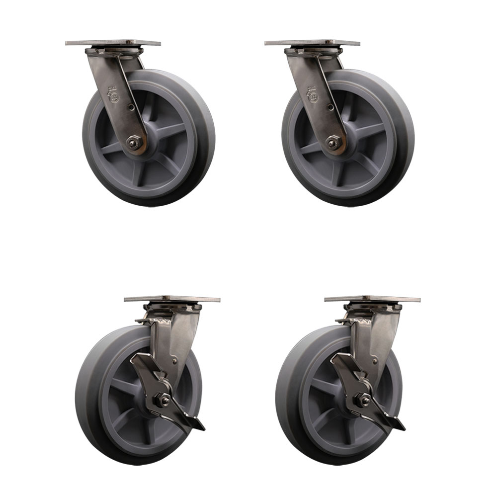 316 Stainless Steel Heavy Duty Swivel Caster Set of 4 with 8 Inch Thermoplastic Rubber Flat Tread Wheels - Includes 2 Swivel with Brakes and 2 Swivel - 2,400 lbs. Total Capacity - Service Caster Brand — photo 1