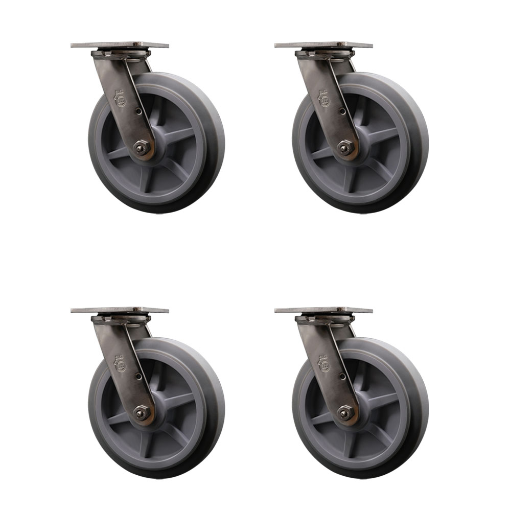 316 Stainless Steel Heavy Duty Swivel Caster Set of 4 with 8 Inch Thermoplastic Rubber Flat Tread Wheels - Includes 4 Swivel - 2,400 lbs. Total Capacity - Service Caster Brand — photo 1