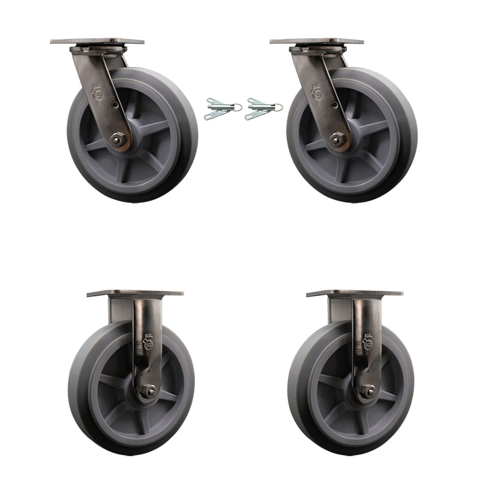 316 Stainless Steel Heavy Duty Swivel Caster Set of 4 with 8 Inch Thermoplastic Rubber Flat Tread Wheels and Ball Bearings-Includes 2 Swivel with Bolt on Swivel Locks and 2 Rigid- Service Caster Brand — photo 1