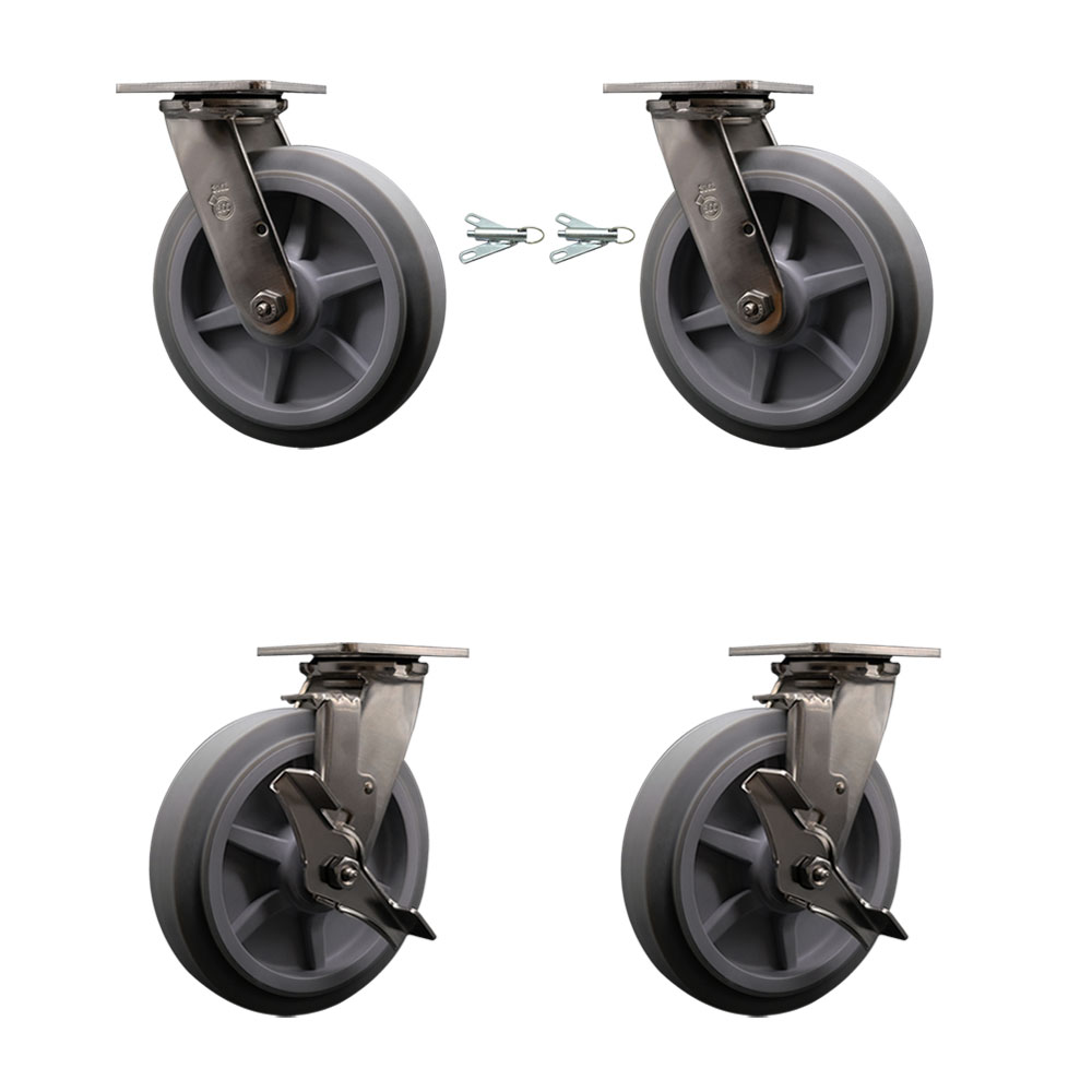 316 Stainless Steel Heavy Duty Swivel Caster Set with 8 Inch Thermoplastic Rubber Flat Tread Wheels and Ball Bearings-Includes 2 Swivel w/Bolt on Swivel Lock and 2 Swivel w/Brake- Service Caster Brand — photo 1