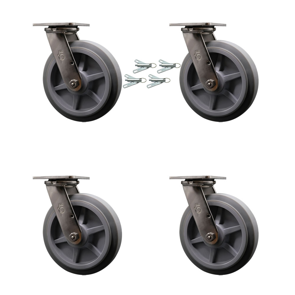 316 Stainless Steel Heavy Duty Swivel Caster Set of 4 with 8 Inch Thermoplastic Rubber Flat Tread Wheels and Delrin Bearings - Includes 4 Swivel with Bolt on Swivel Locks - Service Caster Brand — photo 1