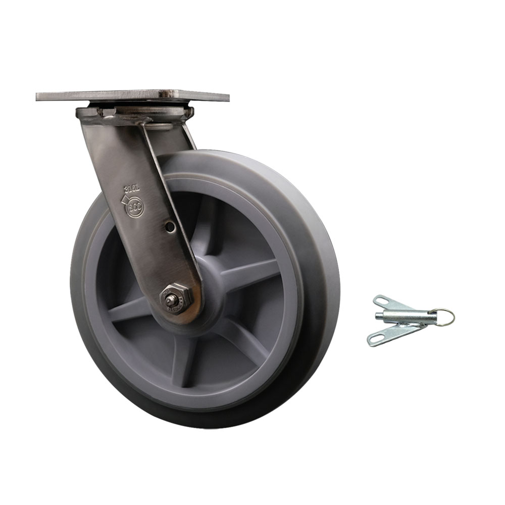 316 Stainless Steel Heavy Duty Swivel Top Plate Caster with Bolt on Swivel Lock and 8 Inch Thermoplastic Rubber Flat Tread Wheel with Delrin Bearings - 600 lbs. Capacity/Caster - Service Caster Brand — photo 1