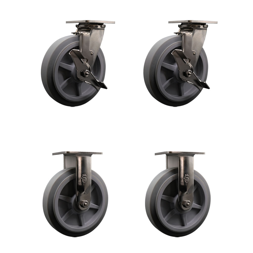 316 Stainless Steel Heavy Duty Swivel Caster Set of 4 with 8 Inch Thermoplastic Rubber Flat Tread Wheels and Delrin Bearings - Includes 2 Swivel with Brakes and 2 Rigid - Service Caster Brand — photo 1