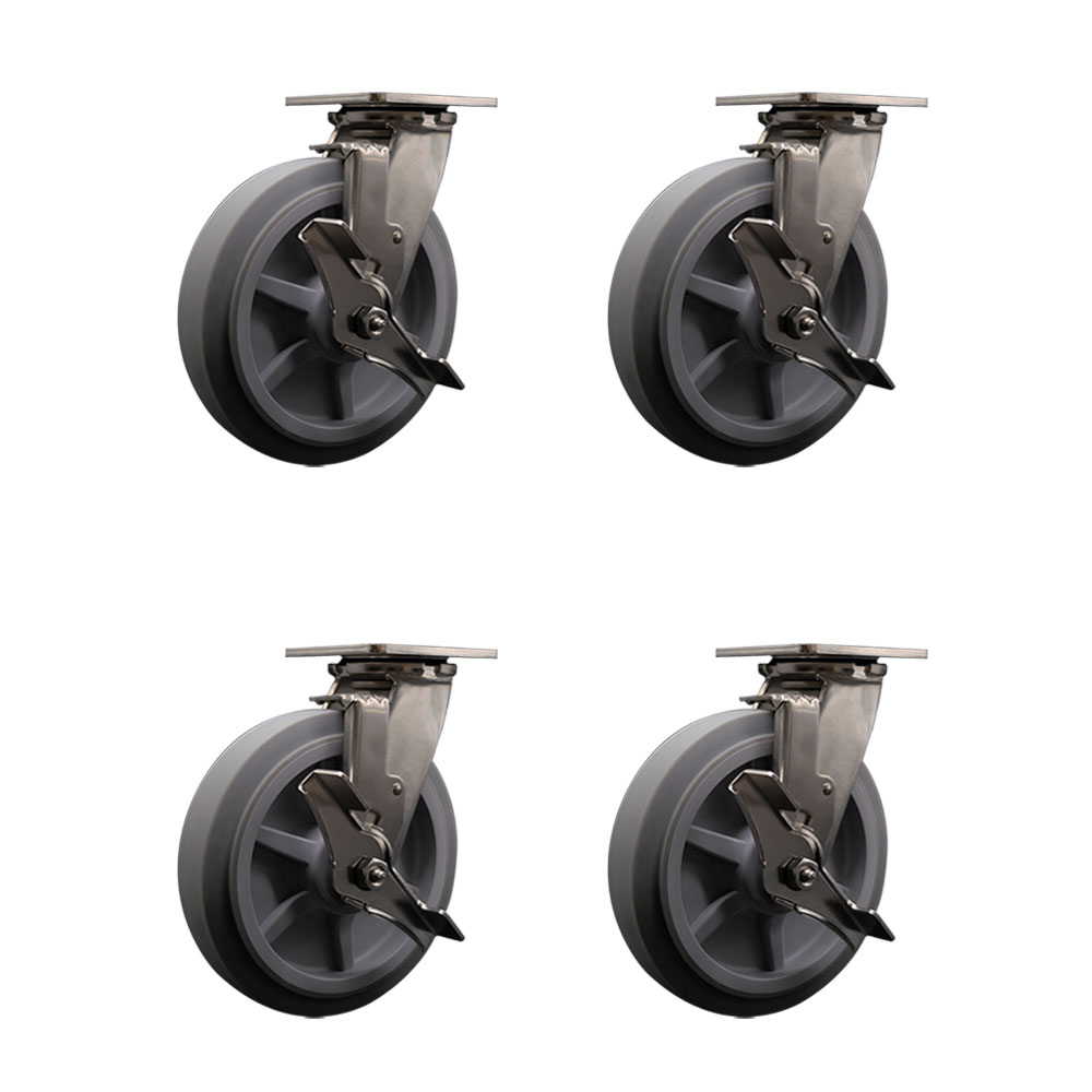316 Stainless Steel Heavy Duty Swivel Caster Set of 4 with 8 Inch Thermoplastic Rubber Flat Tread Wheels - Includes 4 Swivel with Top Lock Brakes - 2,400 lbs. Total Capacity - Service Caster Brand — photo 1