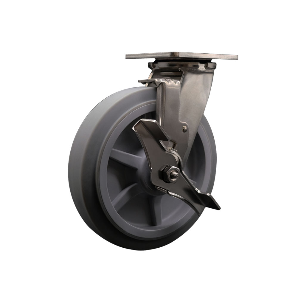 316 Stainless Steel Heavy Duty Swivel Top Plate Caster with Top Lock Brake and 8 Inch Thermoplastic Rubber Flat Tread Wheel with Delrin Bearings - 600 lbs. Capacity/Caster - Service Caster Brand — photo 1