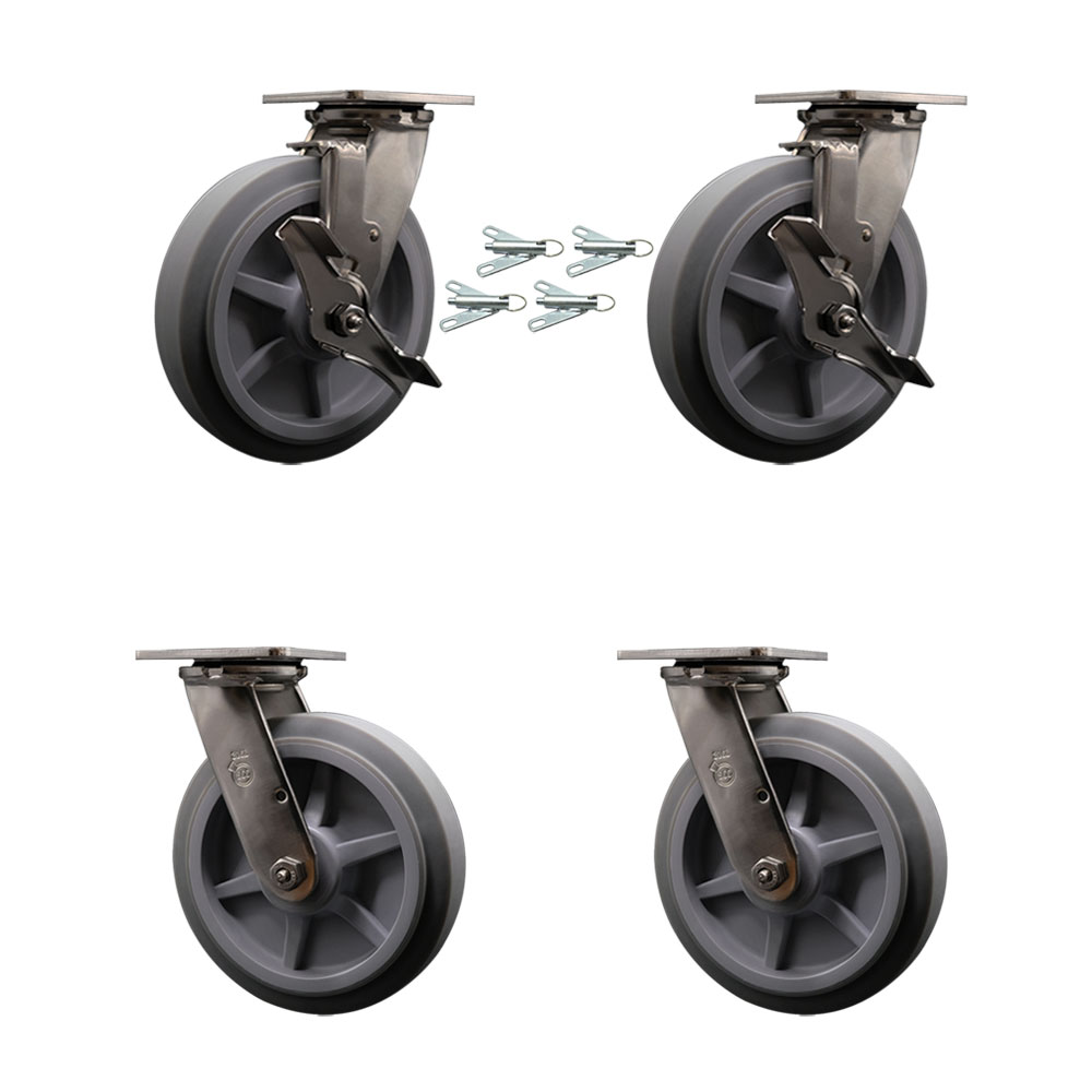 316 Stainless Heavy Duty Swivel Caster Set with 8 Inch Thermoplastic Rubber Flat Tread Wheels and Ball Bearings-Include 2 Swivel w/Brakes & Swivel Lock and 2 Swivel w/Swivel Lock- Service Caster Brand — photo 1