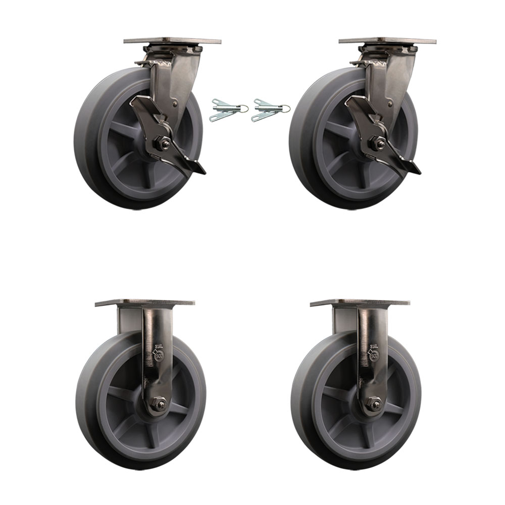316 Stainless Steel Heavy Duty Swivel Caster Set with 8 Inch Thermoplastic Rubber Flat Tread Wheels and Delrin Bearings-Includes 2 Swivel w/Brake& Bolt on Swivel Lock and 2 Rigid- Service Caster Brand — photo 1