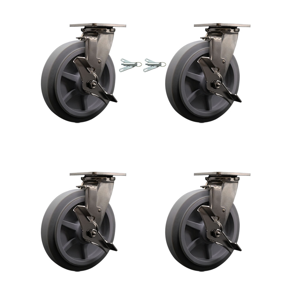 316 Stainless Steel Heavy Duty Swivel Caster Set with 8 Inch Thermoplastic Rubber Flat Tread Wheels and Delrin Bearing-Include 2 Swivel w/Brake & Swivel Lock and 2 Swivel w/Brake- Service Caster Brand — photo 1
