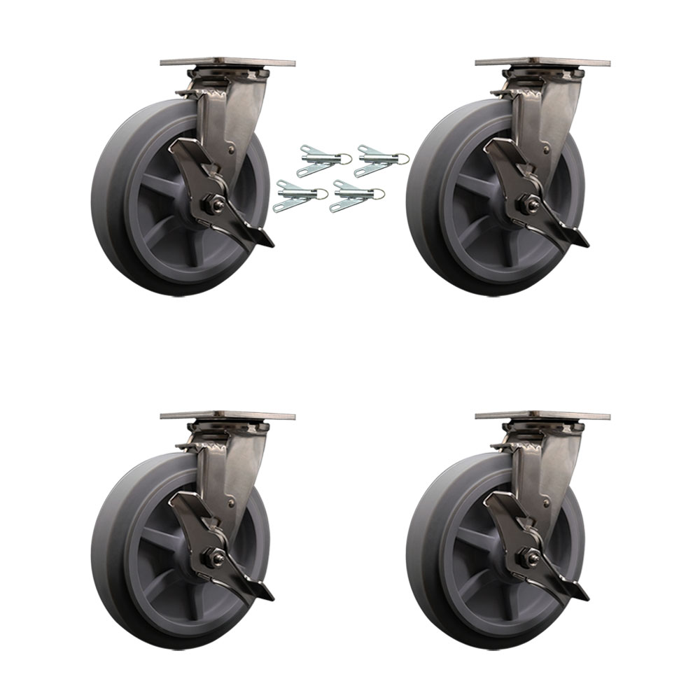 316 Stainless Steel Heavy Duty Swivel Caster Set of 4 with 8 Inch Thermoplastic Rubber Flat Tread Wheels - Includes 4 Swivel w/Brakes and Bolt on Swivel Locks - Service Caster Brand — photo 1